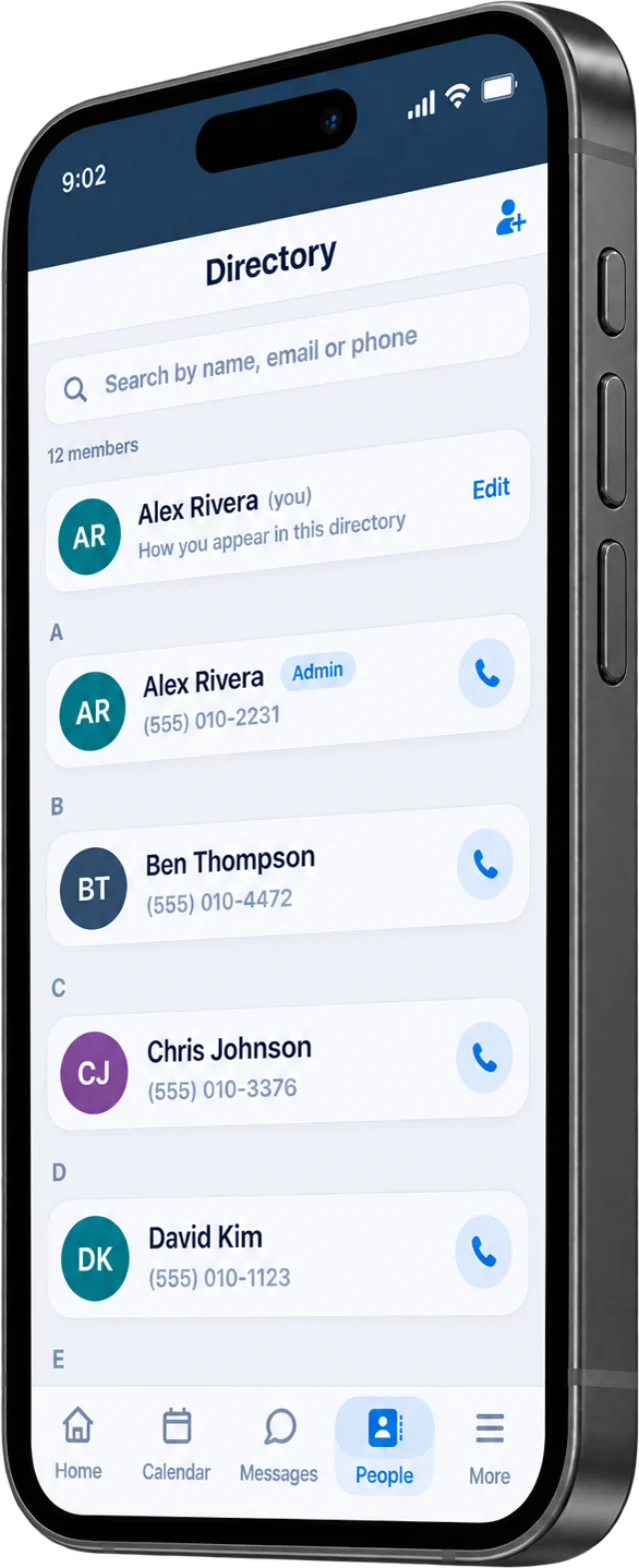 Nomia member directory with phone numbers and an admin badge