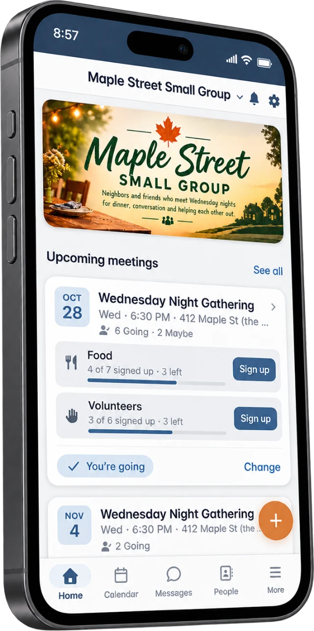 Nomia group home screen showing upcoming meetings with food and volunteer sign-ups